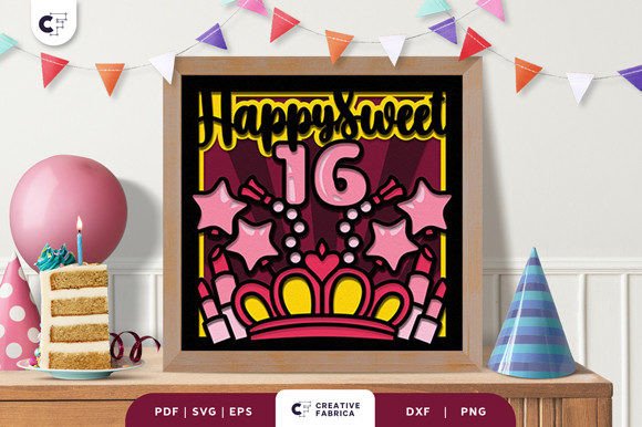 3D Shadow Box Happy Sweet 16 SVG for Birthdays