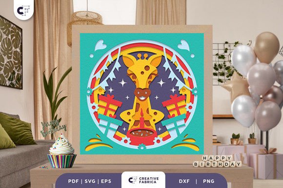 Birthday Giraffe 3D Shadow Box Paper Cut for Birthdays