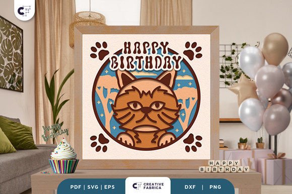 Cat Birthday 3D Shadow Box Paper Cut for Birthdays