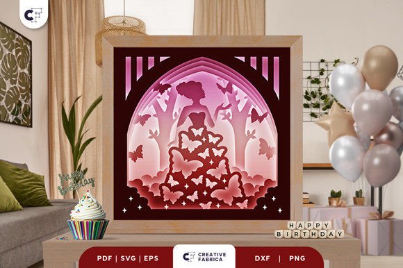 Girl with Butterfly Gown 3D SVG for Birthdays